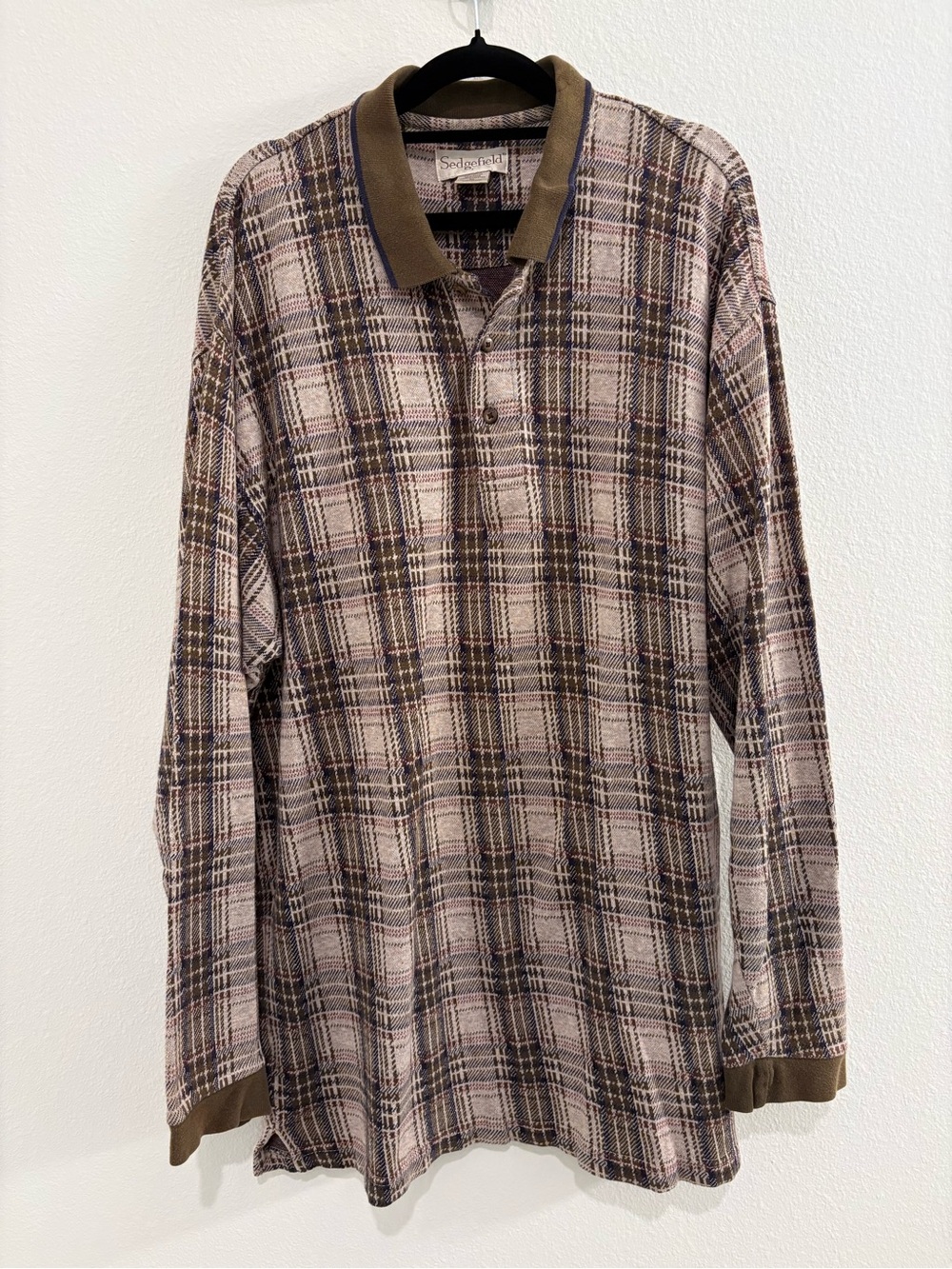 Men's "Grandpa Core" Long-Sleeve Plaid Button-Down Polo in Olive and Beige
